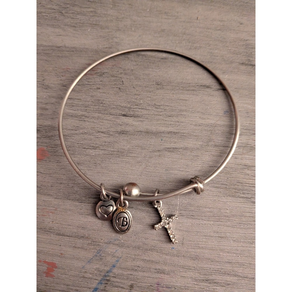 Brighton Silver Tone Expandable Bangle Bracelet Cross Heart B Initial Charms